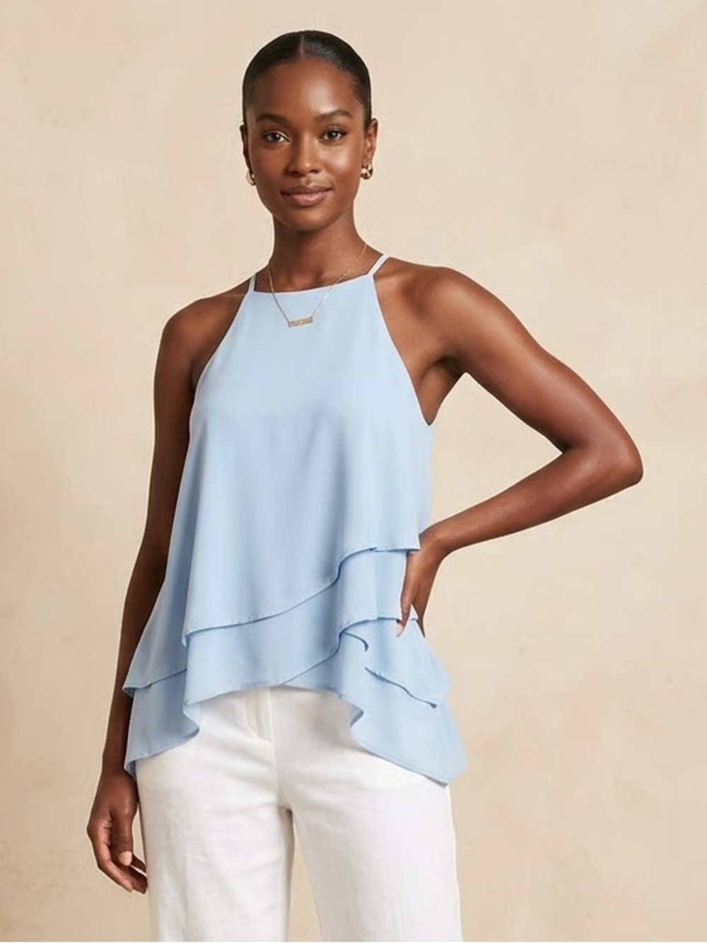 ALYA | Baby Blue Tiered Asymmetric Hem Tank Top Sz S